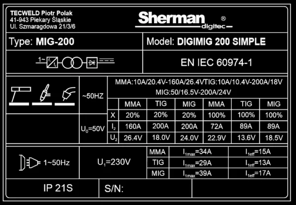 Sherman Synergic DIGIMIG 200 SIMPLE – Inkl. V7a Svejsehjelm – Kompakt og bærbar maskine – TILBUD